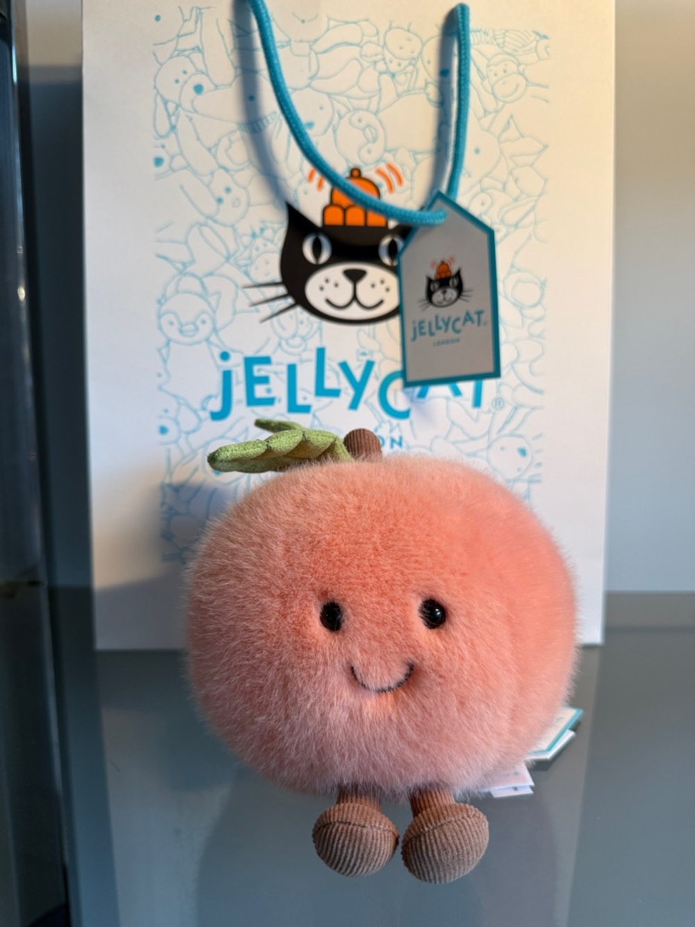 Jellycat Peach Plush in Soft Pink with Green Leaf
